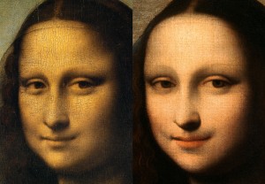 Leonardo da Vinci 'Mona Lisa' [Louvre Version c. 1513-1516 - left; and Earlier Version c. 1503-1506 - right].